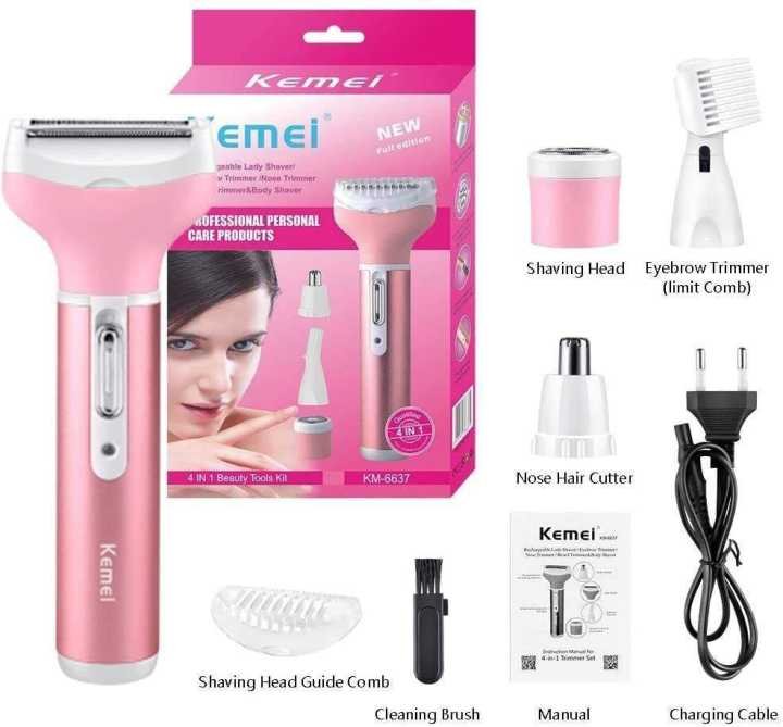 Kemei KM-6637 Multifunctional 4 in 1 Rechargeable woman body Eyebrow, Nose Trimmer set Female Electric shaver