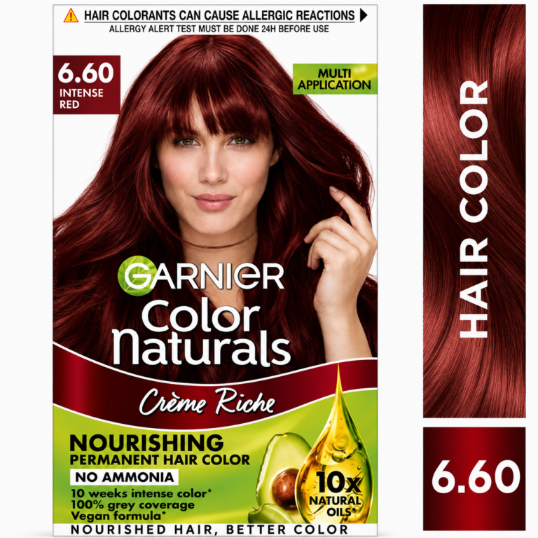 Try the Garnier Color Naturals Intense Red for shiny and silky hair with a vibrant red hair colour that lasts up to 8 weeks. The rich and long-lasting Garnier Intense Red colour provides 100% grey coverage in just 30 minutes! Enriched with 3 essential oils – olive, almond and avocado, Garnier Color Naturals Intense Red leaves your hair looking shiny, silky and nourished. The no ammonia crème formula comes with a superior color lock technology that gives you rich color that lasts up to 8 weeks. Check out the 7 other vibrant Garnier Color Naturals shades that are suited for Indian skin tones. All the Garnier Color Naturals colours come in an easy to use kit that can be used at your convenience. How to use: Perform a skin allergy test hours prior to the coloring. Please purchase the product a day before you color, as you must conduct an allergy test 24 hours before each time you color, even if you have colored your hair before. Wear gloves provided in the box and mix developer and the colorant in a non-metallic bowl in a 1:1 ratio. Start at the roots and work your way towards the tips, while dividing the hair into sections. Leave it for 30 minutes. Rinse with water, apply conditioner and then rinse again. Reveal soft, shiny and radiant hair!