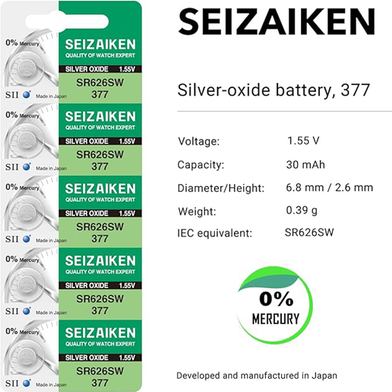 Seizaiken 377 SR626SW 1.55V 0 Percent Hg Silver Oxide Watch Battery Made In Japan