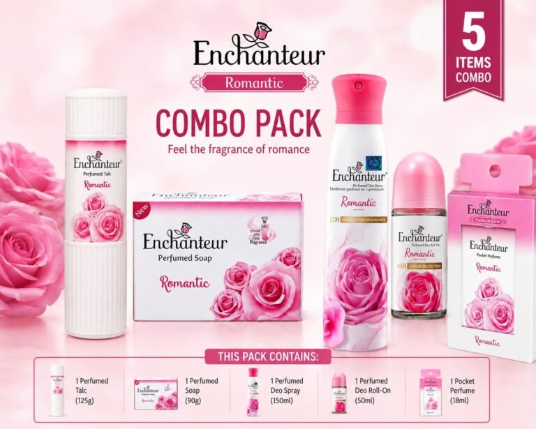 Enchanteur Romantic 5 Items Perfume Combo Pack – Talc, Soap, Deo Spray, Deo Roll-On & Pocket Perfume