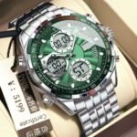 POEDAGAR E108 Luxury LED Men’s Watch Dual Time Digital Display Waterproof Stainless Steel Watch