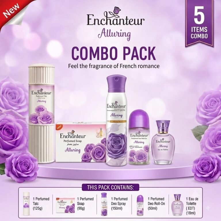 Enchanteur Alluring 5 Items Perfume Combo Pack – Talc, Soap, Deo Spray, Deo Roll-On & Eau de Toilette