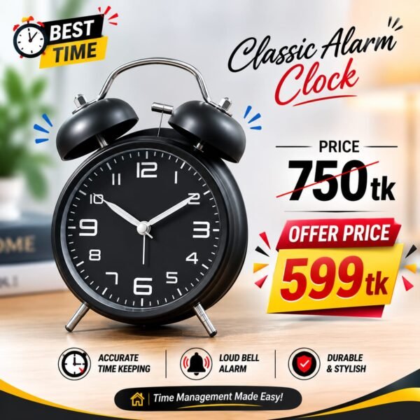 Modern Matte Black Twin Bell Alarm Clock – Silent Non-Ticking Desktop Clock with Loud Mechanical Alarm
