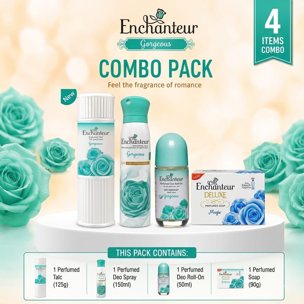 Enchanteur Gorgeous 4 Items Combo Pack – Perfumed Talc, Deo Spray, Deo Roll-On & Perfumed Soap Enchanteur Gorgeous 4 Items Combo Pack – Perfumed Talc, Deo Spray, Deo Roll-On & Perfumed Soap