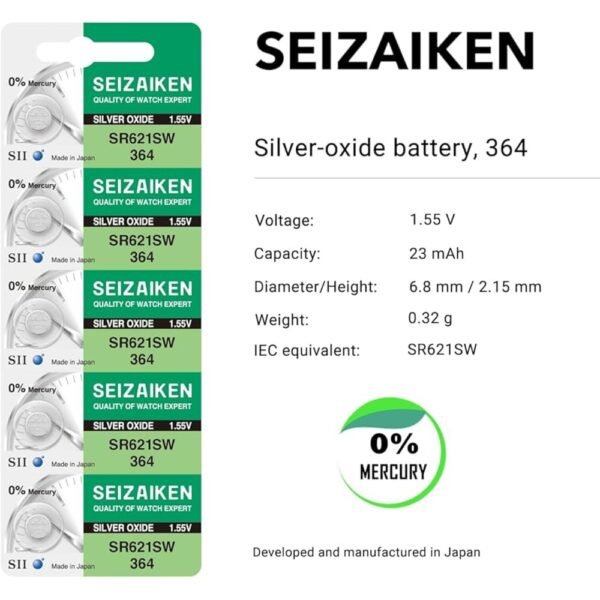 Seizaiken 1.55V Zero percent Hg Silver Oxide Watch Battery (5 Batteries) - 364 SR621SW